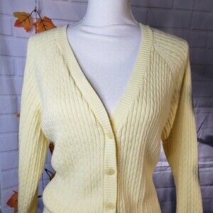 Pretty Pastel Yellow Cable Knit V Neck Cardigan womens Sweater XL Preppy Waspy L